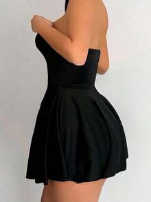 Vestido mini sin tirantes con dobladillo de volantes para mujer - Negro - Ver 6