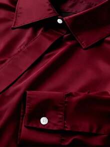 1 pieza Blusa elegante de unicolor de diseño de doble capa de poliéster para mujer, adecuada para vacaciones, uso diario, oficina y uso en el hogar en primavera/verano, color negro - Burdeos - Ver 4