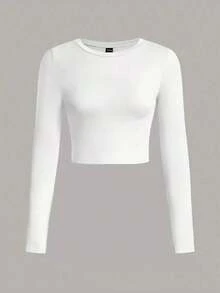 Set de 2 camisetas ajustadas de mujer de cuello redondo, de manga larga y unicolor, aptas para primavera y otoño - Multicolor - Ver 3