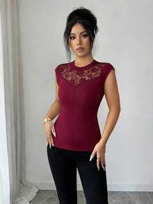 de mujer con cuello redondo, elegante, con parches de encaje, adecuada para uso diario, otoño/invierno y primavera/verano - Burdeos - Ver 3