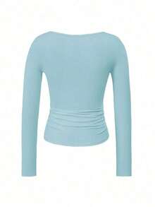 Camiseta ajustada de manga larga con cuello cuadrado para mujer, primavera/verano Y2K, unicolor, sexy, adecuada para el Día de San Valentín y uso casual - Agua verde azul - Ver 4