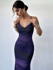 Vestido ajustado de tela transparente con tirantes de atar en el hombro descubierto y espalda descubierta, de colores degradados, elegante para uso diario u ocasiones de vacaciones, estilo veraniego - Azul marino - Ver 5