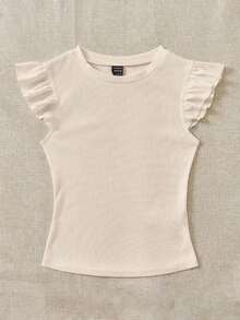 Set de 2 tops de camiseta de cuello redondo ajustados de tela acanalada en negro y rojo rosa, apropiados para verano con mangas con volantes, adecuados para salir - Multicolor 10 - Ver 3