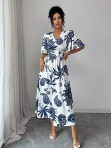 Vestido midi elegante con cuello en V cruzado, de manga corta y estampado de lunares para mujer - Azul y blanco - Ver 3