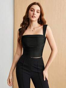 Nueva llegada Primavera/Verano Blusa de tirantes finos con cuello cuadrado y cintura ceñida para mujer, diseño elegante y único, adecuado para oficina, viajes, ocasiones formales, fiestas, bodas, conciertos, uso casual - Negro - Ver 1