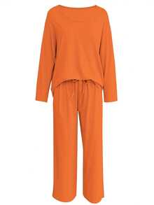 Relaxed Solid Color Pants Set, Long-Sleeved Round-Neck Top And Wide-Leg Pants, Women's Clothing - 珊瑚橙 - 查看 3
