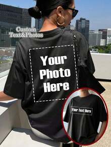 Camiseta personalizada para mujer - Agrega tu texto y fotos (diseño horizontal/insignia/pareja/familia/selfie/mascota), impresa en el frente y la espalda, diseña tu camiseta personalizada impresa en blanco para el verano, regalo personalizado100% Cotton - Negro - Ver 1