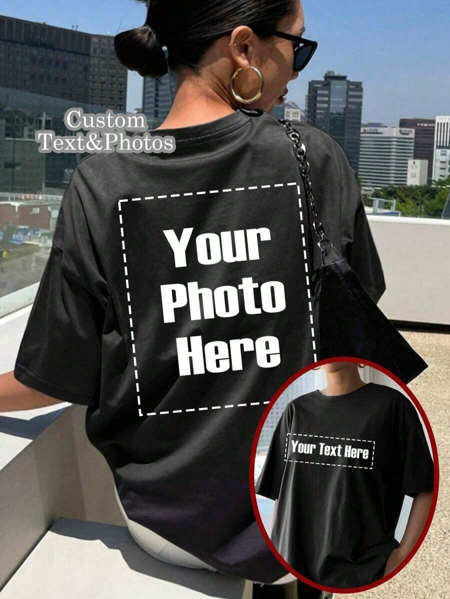 Camiseta personalizada para mujer - Agrega tu texto y fotos (diseño horizontal/insignia/pareja/familia/selfie/mascota), impresa en el frente y la espalda, diseña tu camiseta personalizada impresa en blanco para el verano, regalo personalizado100% Cotton - Negro - Ver 1