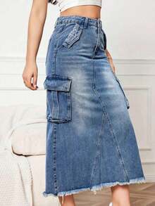 Minifalda de mezcla de algodón para mujer, de unicolor, con bolsillos, adecuada para todo el año, casual, negra, primavera - Azul lavado medio - Ver 5