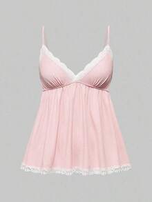 Conjunto de pijama casual de camiseta de tirantes acanalada y shorts con encaje - Rosa - Ver 7