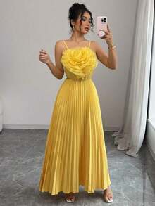 Vestido largo elegante diario de fiesta con flores 3D y cintura fruncida en estilo A-line, vestido de mujer amarillo para primavera y verano - Amarillo - Ver 5