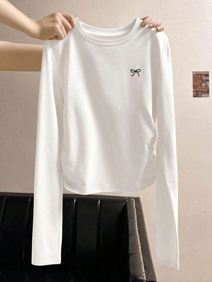 Camiseta casual de manga larga, cuello redondo, con estampado de lazo, color negro para mujer - Blanco - Ver 1