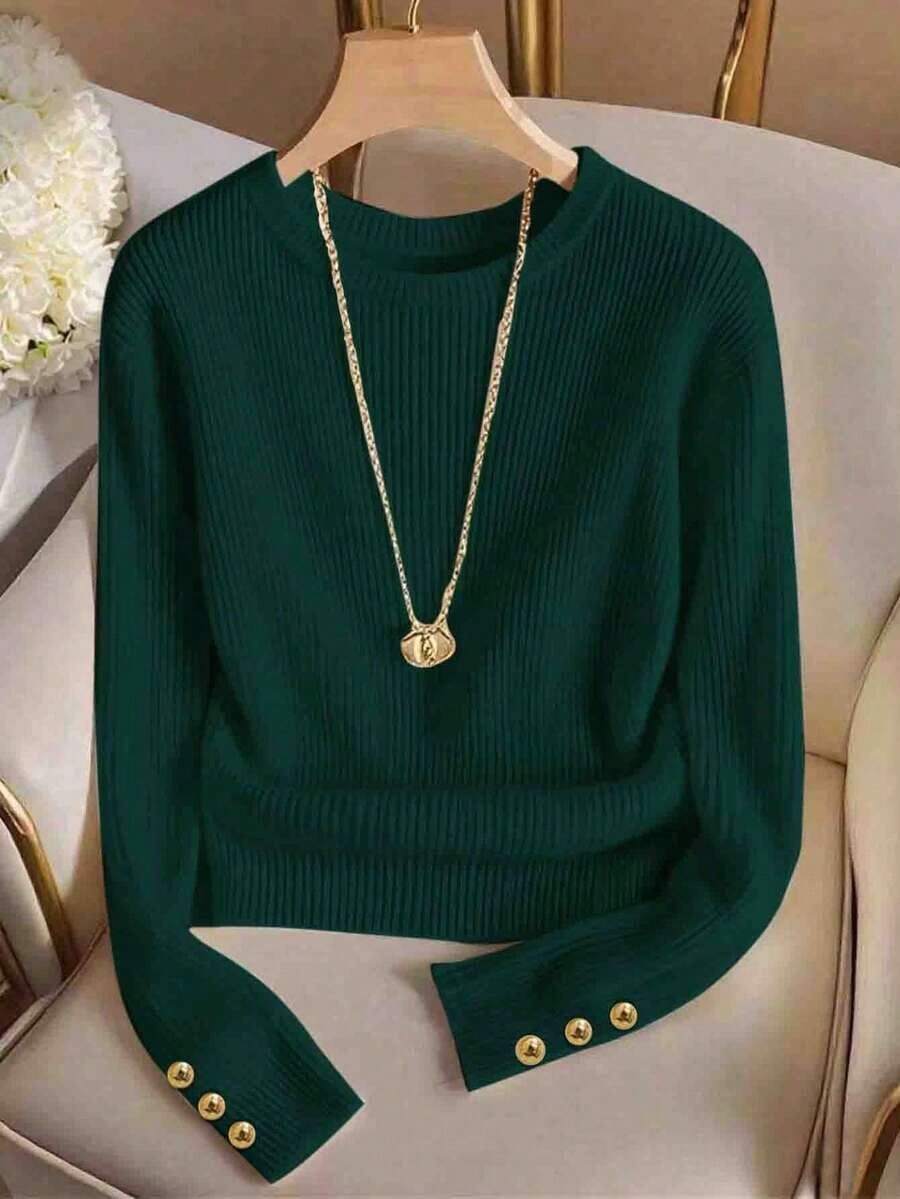 Elegante camiseta de punto de cuello redondo, top de punto minimalista de moda, otoño/invierno - Verde - Ver 1