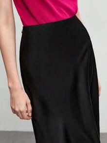 Falda negra básica de corte evasé para mujer, adecuada para el transporte urbano, negocios, uso casual, oficina, y atuendo formal elegante para mujer - Negro - Ver 4