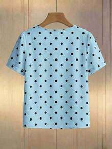 Blusa suelta de manga corta con cuello redondo, decoración de cadena de perlas y lunares en color albaricoque - Azul - Ver 2