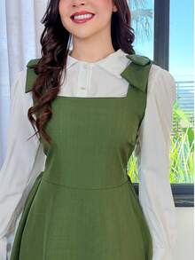 Tailored Dress With Wide Straps And Bow, Code 02, Evangelical Fashion (Shirt Not Included) - Army Green - View 2