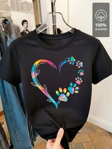 100% Multicolor T-Shirt With Paw And Heart Design - 黑色 - 查看 4