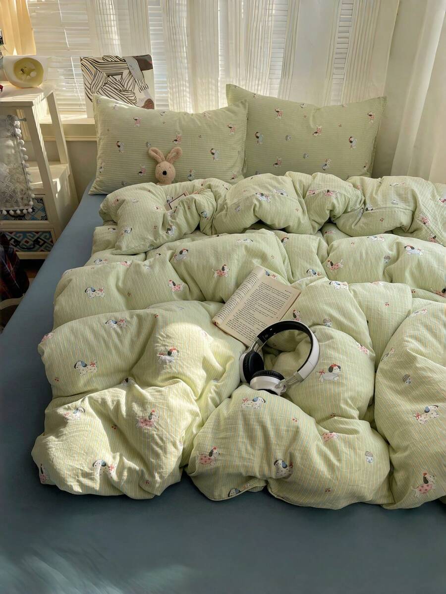 Bộ 3 món ga giường in họa tiết tươi mới bằng polyester, có thể giặt được, phù hợp cho ký túc xá nam và nữ, bao gồm 1 vỏ chăn và 2 vỏ gối (không kèm ruột) - Nhiều màu - Xem 1