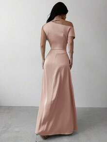 Vestido elegante asimétrico de hombro con pliegues y bajo de cola de sirena en color verde, adecuado para citas, vacaciones, bodas, eventos, regreso a la escuela, graduación, vestido de dama de honor formal, vestidos elegantes para mujer - Rosa - Ver 2