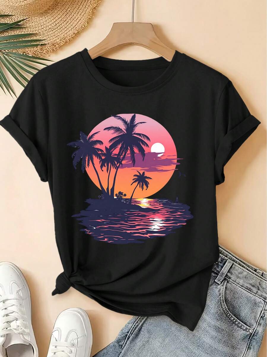 Women's Spring/Summer 2026 T-Shirt, New Style, Round Neck, Beach Sunset Palm Print, Short Sleeve, Vintage Distressed Style, Casual Sports Top, Soft Knit Fabric, High-Quality Women's Clothing. | Fun And Original Design | Fun And Rejuvenating Top - 黑色 - 查看 1