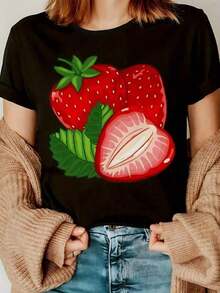 Suave Camiseta estampado fresa fresca y deliciosa de algodón suave y cómodo para mujer, ideal para ocasiones casuales y informales, disponible en talla S-3XL, color negro; ropa moderna y juvenil,  de moda y estilo único, blusas para mujer>camisa - Negro - Ver 6
