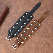 1pc Punk Style Rivet Black Leather Bracelet, Vintage Fashion Accessory For Men, Gift For Him - Black - View 4