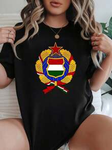 Camia de mujer de cuello redondo, manga corta, opciones de color negro y blanco, impresión del escudo de armas de Hungría, diseño de bandera nacional, camia gráfica, tops de verano, ropa casual para mujeres, camias gráficas, tops cortos para mujeres, tops para mujeres, ropa vintage de algodón, ropa linda de, atuendo de Navidad para mujeres, vestidos elegantes de mujer, camias de verano, tops gráficos, atuendos de verano para mujeres, camias gráficas, tops cortos para mujeres, tops para mujeres, ropa vintage de algodón linda de, atuendo de Navidad para mujeres, vestidos elegantes de mujer Ideal para regalar. Camiseta de mujer. Elegante. Estilo bohemio. Prenda suave, transpirable y cómoda, perfecta para primavera, verano y otoño; ideal para vacaciones, viajes y uso diario. Perfecta para ver un partido. - Negro - Ver 1