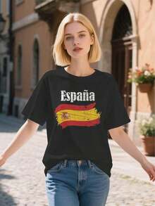 Camia casual para mujeres, atuendos de moda para exteriores, regalos de vacaciones, camia con la bandera española, impresión de España con el escudo de armas y el emblema nacional, ajuste holgado, camia casual de manga corta con cuello redondo, regalo de recuerdo de España para turistas y amantes de España (lavable a máquina) Ideal para regalar. Camiseta de mujer. Elegante. Estilo bohemio. Prenda suave, transpirable y cómoda, perfecta para primavera, verano y otoño; ideal para vacaciones, viajes y uso diario. Perfecta para ver un partido. - Negro - Ver 1