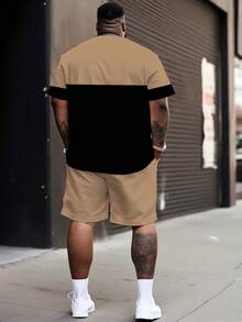 Casual sportset för herrar - "Minimalistisk kontrastfärg BALANCE rutmönster" mönsterdesign, stickad polyesterväv, rund halsringning, shorts med dragsko, fickor, regular fit, lämplig för plus size - Kaki - Visa 3
