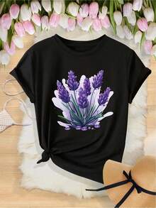 Lavender And Lilac Floral Print,  Casual Short-Sleeved T-Shirt For Spring/Summer, Crew Neck, Affordable Women's T-Shirt. A Very Distinctive Printed T-Shirt / Unisex Style / Suitable For Both Men And Women / Wrinkle-Resistant / Breathable - 黑色 - 查看 1
