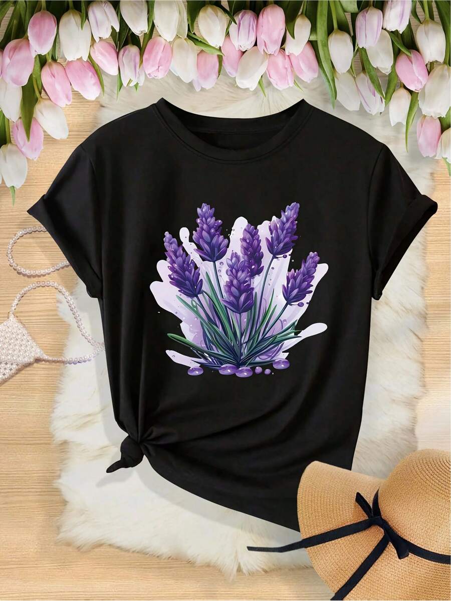 Lavender And Lilac Floral Print, Casual Short-Sleeved T-Shirt For Spring/Summer, Crew Neck, Affordable Women's T-Shirt. A Very Distinctive Printed T-Shirt / Unisex Style / Suitable For Both Men And Women / Wrinkle-Resistant / Breathable - 黑色 - 查看 1