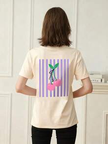 Women's Sets: Sexy Fitted Short-Sleeved T-Shirt With Round Neck And Cherry Purple Stripes, Casual Summer Top For Parties And Clubs, Women's T-Shirts. - 杏色 - 查看 6