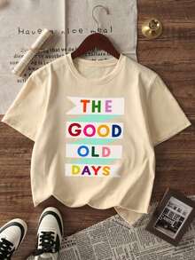 Edición Limitada: Camiseta de Manga Corta para Mujer con Estampado de Lema Colorido GOOD OLD DAYS, Estilo Retro Americano, Divertida y Casual, Corte Holgado, Efecto Adelgazante, Cómoda, Transpirable, Estilo Urbano Relajado, Camiseta para Mujer, Perfecta para el Traslado Diario/Look Urbano Grunge/Reuniones de Chicas/Festivales deúsica/Conjuntos Retro/Conjuntos de Primavera-Verano, Algodón Ligero. - Albaricoque - Ver 8