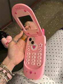 Cute 3D Hot Pink Big Cellphone Model Flip Mirror Silicone Phone 16 15 14 13 12 Pro 11 Shockproof Soft Cover - Hồng - Xem 10