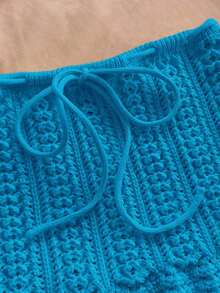 Conjunto de 2 piezas de top corto de ganchillo con tirantes finos y falda de cintura baja, adecuado para festivales de música, estilo bohemio, citas de vacaciones, tarde de té - azul real - Ver 5