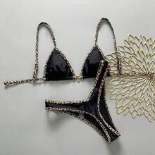 Bikini de tres piezas con estampado de leopardo, traje de baño de dos piezas con cuello halter, moderno y sexy para mujer. - Negro - Ver 2