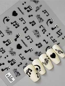 2 pièces Ensemble d'autocollants pour ongles 5D gaufrés - Notes de musique noires et nœud papillon rétro, style doux et épicé, décoration d'ongles DIY convenant pour les festivals de musique, les fêtes et le port quotidien - Multicolore - Voir 5