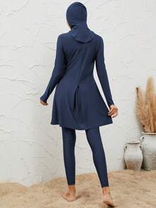 VFJ Burkini 女款純色伊斯蘭式咖啡色泳衣 長袖全套 3 件組 含帽子 夏季海灘度假泳裝 - 藏蓝色 - 查看 4
