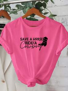 1 Women's Short Sleeve Summer T-Shirt - 2D Geometric Print With The Phrase "Save A Horse, Ride A Cowboy," Combined With A Cowboy Boot Design. Modern Urban Style. | Youthful Design | Comfortable Fit, Stylish Clothing, 180g, 100% Cotton - 白色 - 查看 10