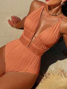 Traje de baño de una pieza con diseño de espalda descubierta, de unicolor, fashionable, para playa de verano, color blanco - Naranja - Ver 6