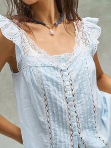 Blusa de mujer de manga abullonada con adorno de encaje, de estilo casual para el verano - Blanco - Ver 4