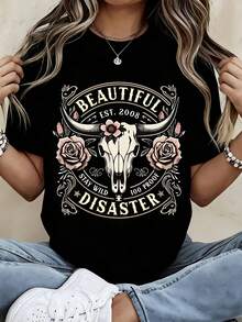 Beautiful Disaster T Shirt White Crew Neck Graphic Print With Bull Skull And Roses Design - màu đen - Xem 1
