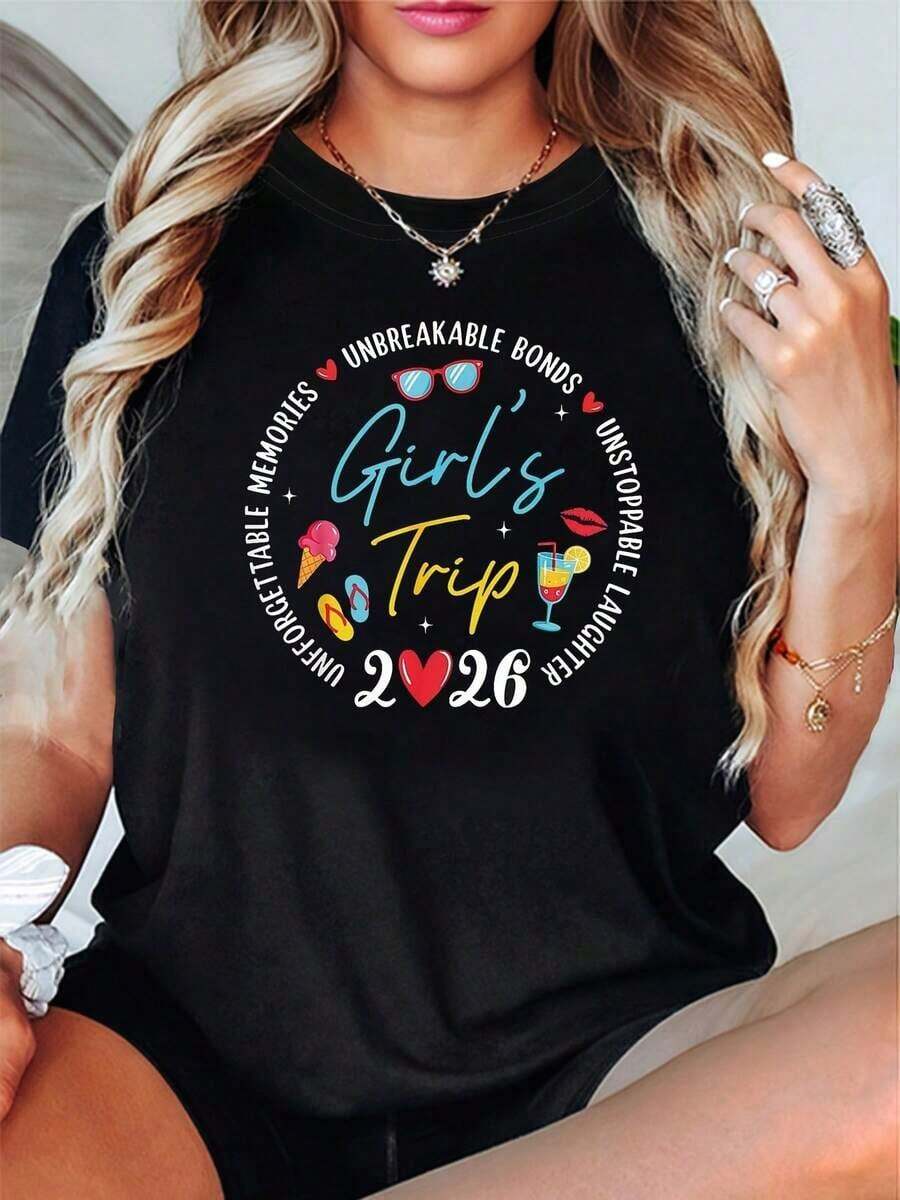1 'S Trip 2026' Letter Print T-Shirt | Casual Short Sleeve Crew Neck T-Shirt For Spring And Summer, Ideal For Casual Outings And Holiday Gifts, 180g 100% Cotton - 黑色 - 查看 1