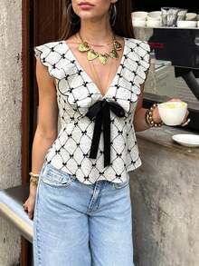 Blusa elegante de mujer con cuello en V, lazo y estampado jacquard - Albaricoque - Ver 8