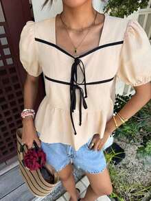 Blusa de manga corta con dobladillo de volantes y ribete de color contrastante para mujer - Albaricoque - Ver 7