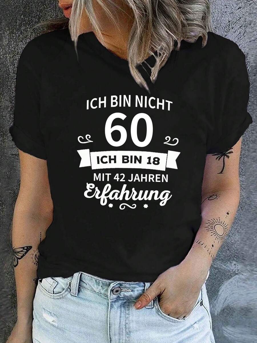 Camiseta de Cumpleaños 60 para Mujer - Estampado de Edad 60, Manga Corta y Cuello Redondo con '60', Ropa Cómoda y Casual para Mujeres de 60 Años, Atuendo o Regalo para Celebración Diaria - Negro - Ver 1
