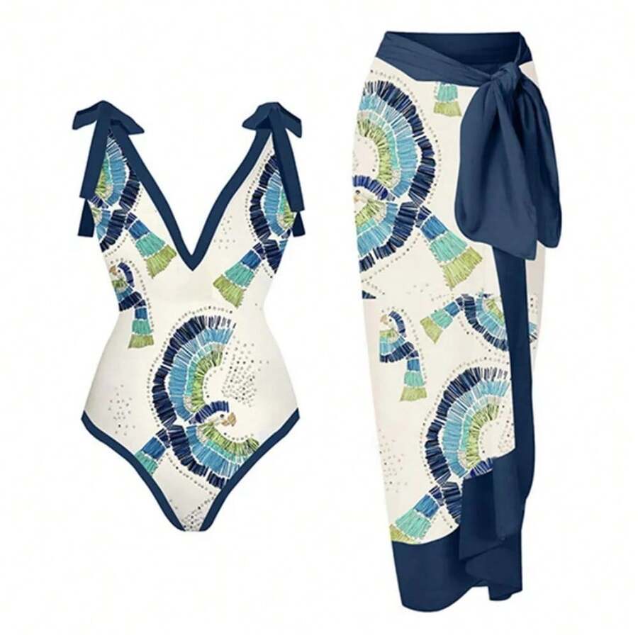 Women's One-Piece Swimsuit, Sexy Bikini With Long Lace-Up Skirt, Three-Piece Set. - Blue Bird - View 1