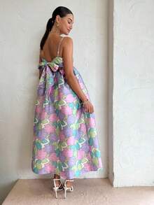 Vestido tirantes estampado amplio espalda descubierta estilo casual europeo elegante moda femenina verano - Azul lavado medio - Ver 10