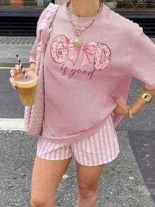 Short-Sleeved T-Shirt With A Round Neck And Sheep Slogan Print, New For Summer, Simple Style. Apricot Color. Versatile Fashion, Suitable For Everyday Wear. Casual Blouse For Women In Pink. - Baby Pink - View 6