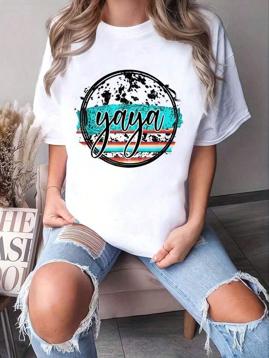 conjuntos de mujer2026Leopard Vintage Yaya Western Turquesa Camiseta para el Día de la Madre - Blusas de Verano, Ropa de Oficina para Mujer, Ropa de Vacaciones para Mujer, Camisetas de mujer - Blanco - Ver 1